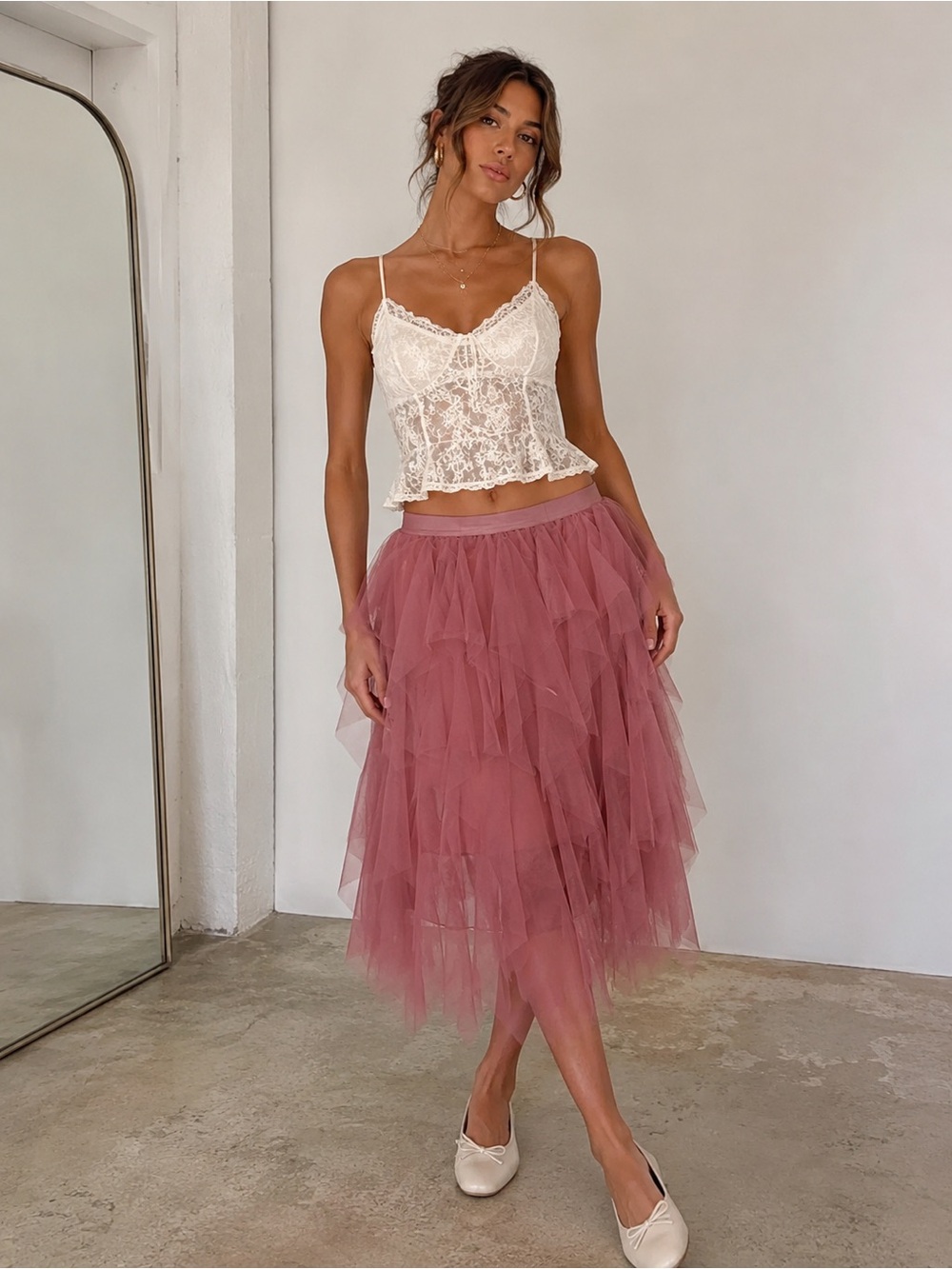 Dusty Rose Layered Tulle Midi Skirt Size Large Balletcore Fairycore Romantic